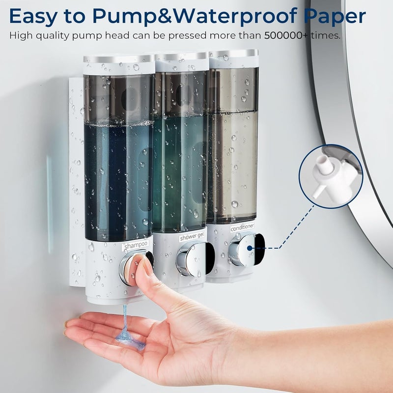 pollock Shampoo and Conditioner Dispenser, Shower Soap Dispenser 3 Chamber No Drill, Wall Mounted Shampoo Body Wash Conditioner for Bathroom Large Capacity,White - Image 3